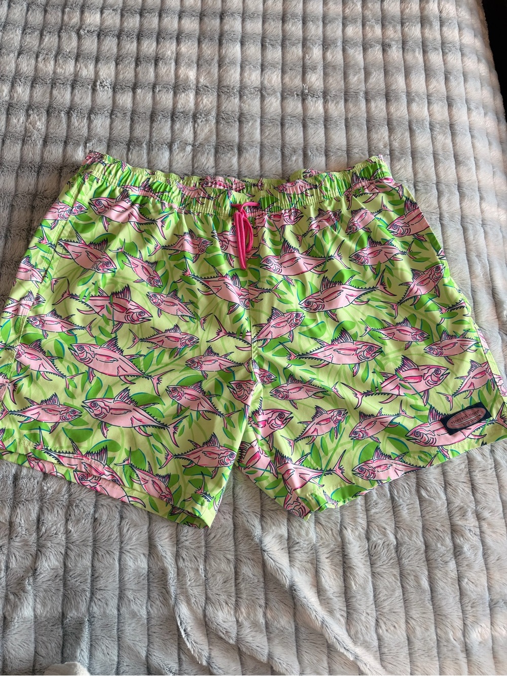 Vineyard Vines Men’s Neon Lime Swim Shorts with Pink Fish Print 2XB